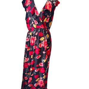 Montaeu Floral Wrap Ruffle Dress Black red and Yellow Maxi Woman Large Petite